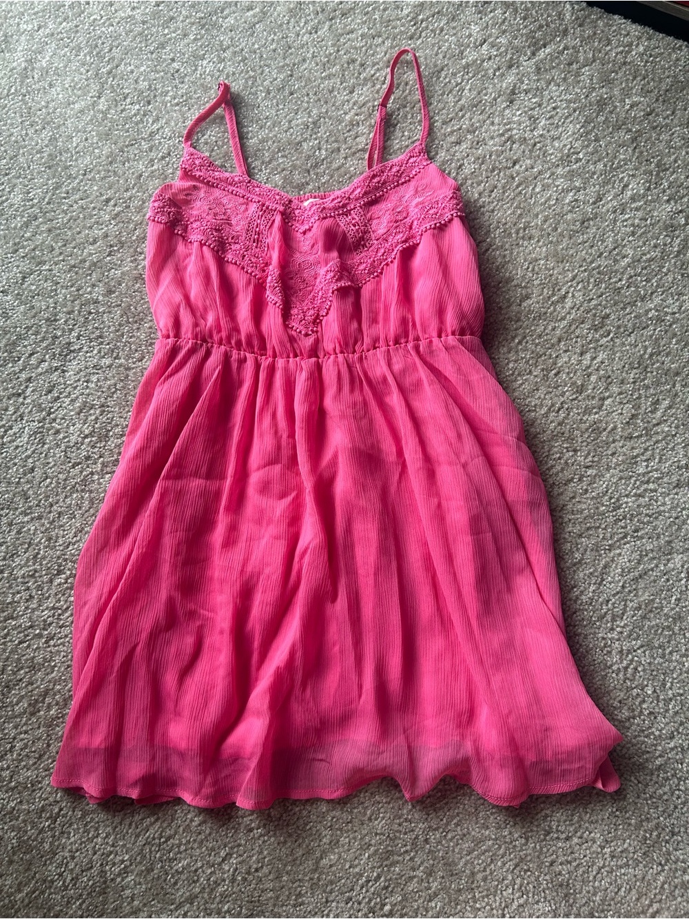 Pink Spaghetti-Strap Dress with Lace Trim